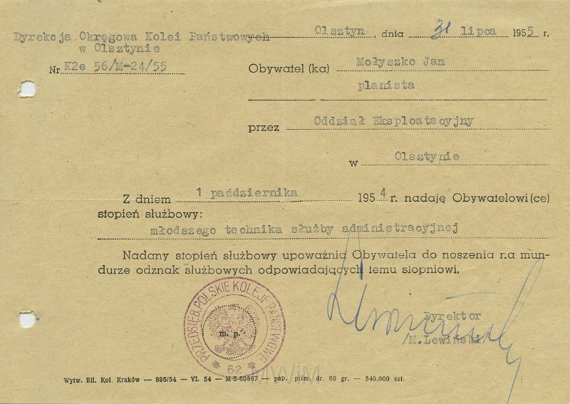 KKE 5638.jpg - Dok. Pismo z Dyrekcji Okręgowej Kolei Państwowych w Olsztynie do Jana Małyszko dotyczące awansu zawodowego, Olsztyn, 31 VII 1955 r.